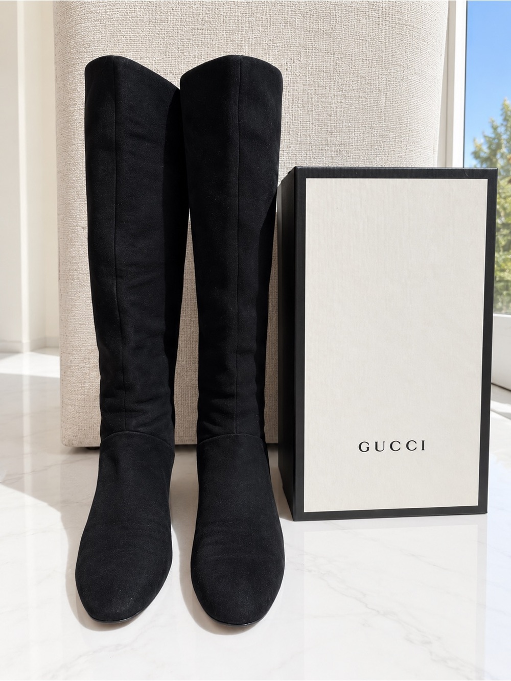 Gucci Black Suede Interlocking GG Knee-High Wedge Boots size 8.5 - Picture 4 of 8